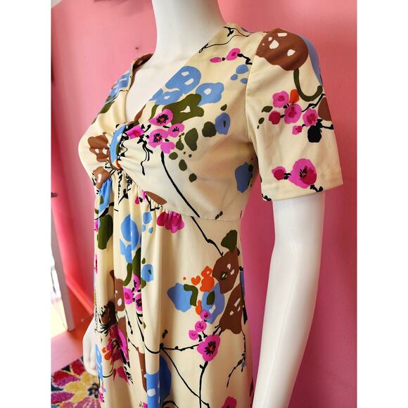Size Medium Large | Vintage 1970's Buttercream Pink Blue Floral Babydoll Dress - Picture 6 of 10